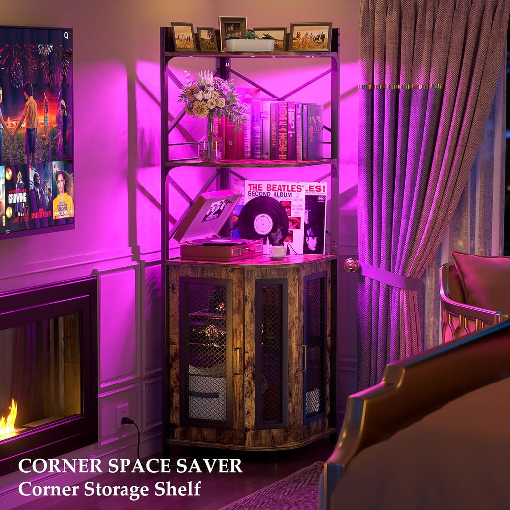 Aheaplus Corner Bar Cabinet with Power Outlet, Industrial Wine Cabinet with LED Strip and Glass Holder, 5-Tiers Liquor Cabinet Bar Unit for Home, Corner Display Cabinet for Small Space, White Oak