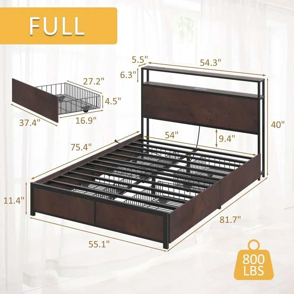 Lifezone Queen Bed Frame 2-Tier Storage Headboard Metal Platform Bed Frame 4 Storage Drawers