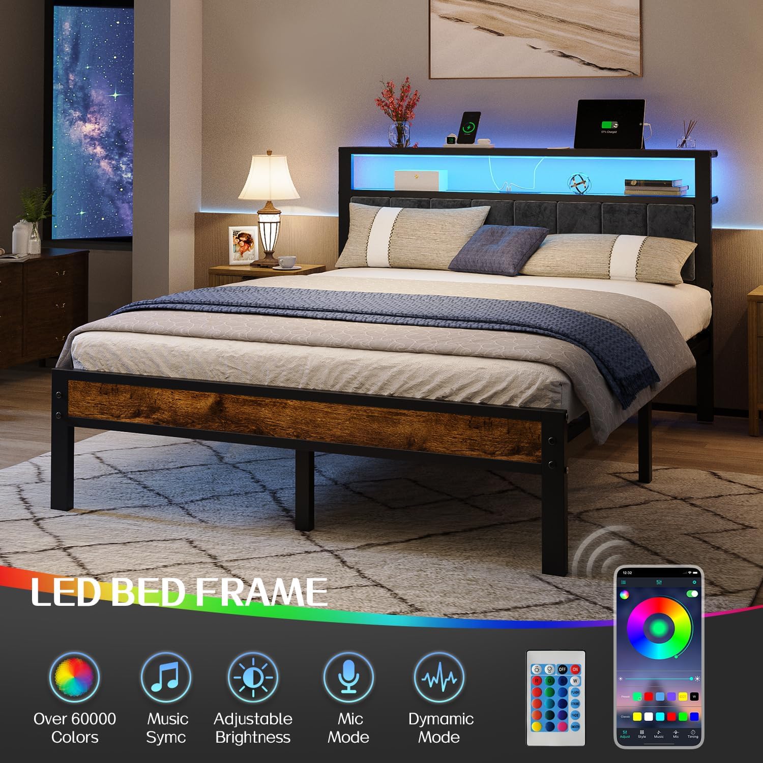 Queen Size Bed Frame with 2-Tier Storage Shelves Headboard Platform Bed with Charging Station