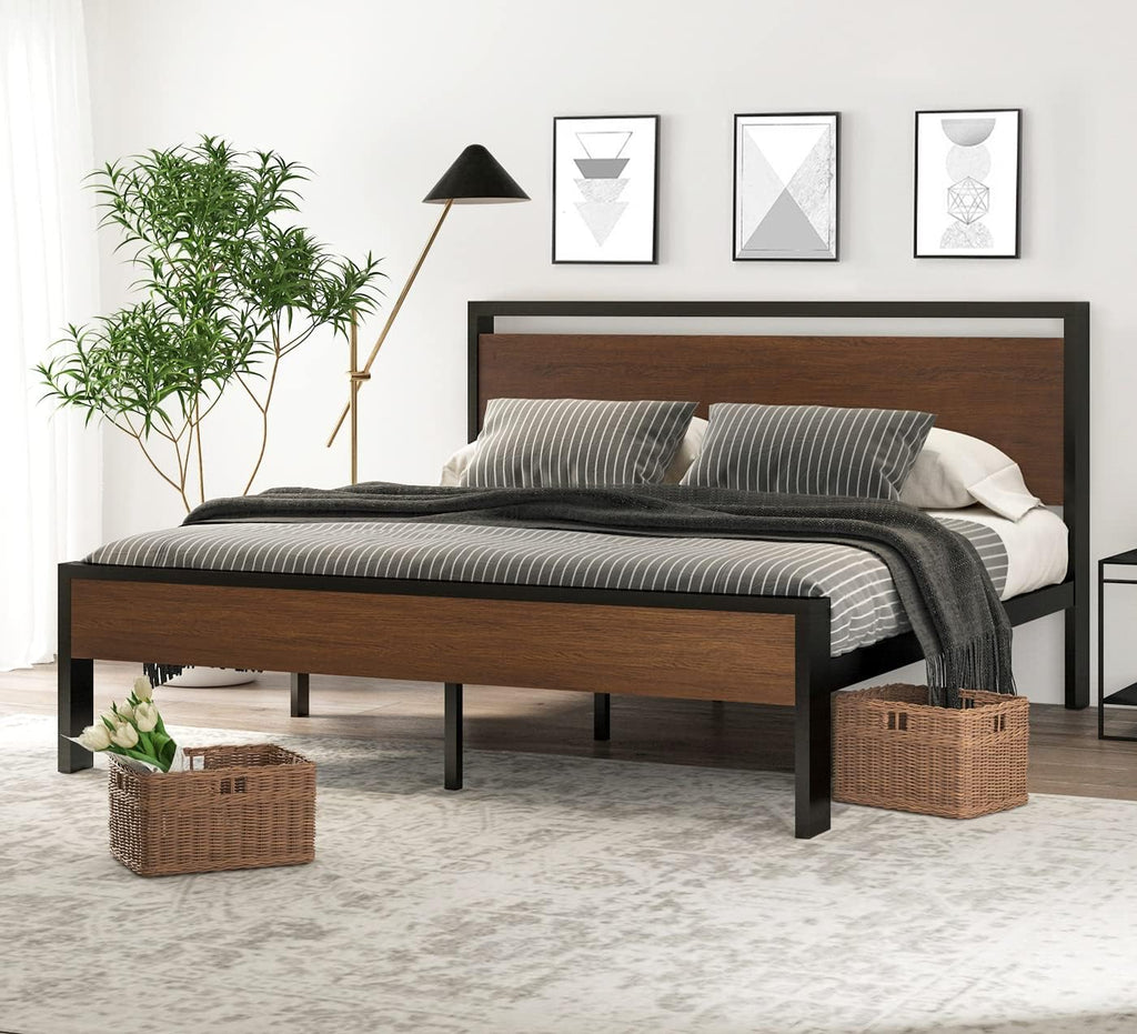 SHA CERLIN 14 Inch Queen Size Metal Platform Bed Frame with Wooden Headboard and Footboard
