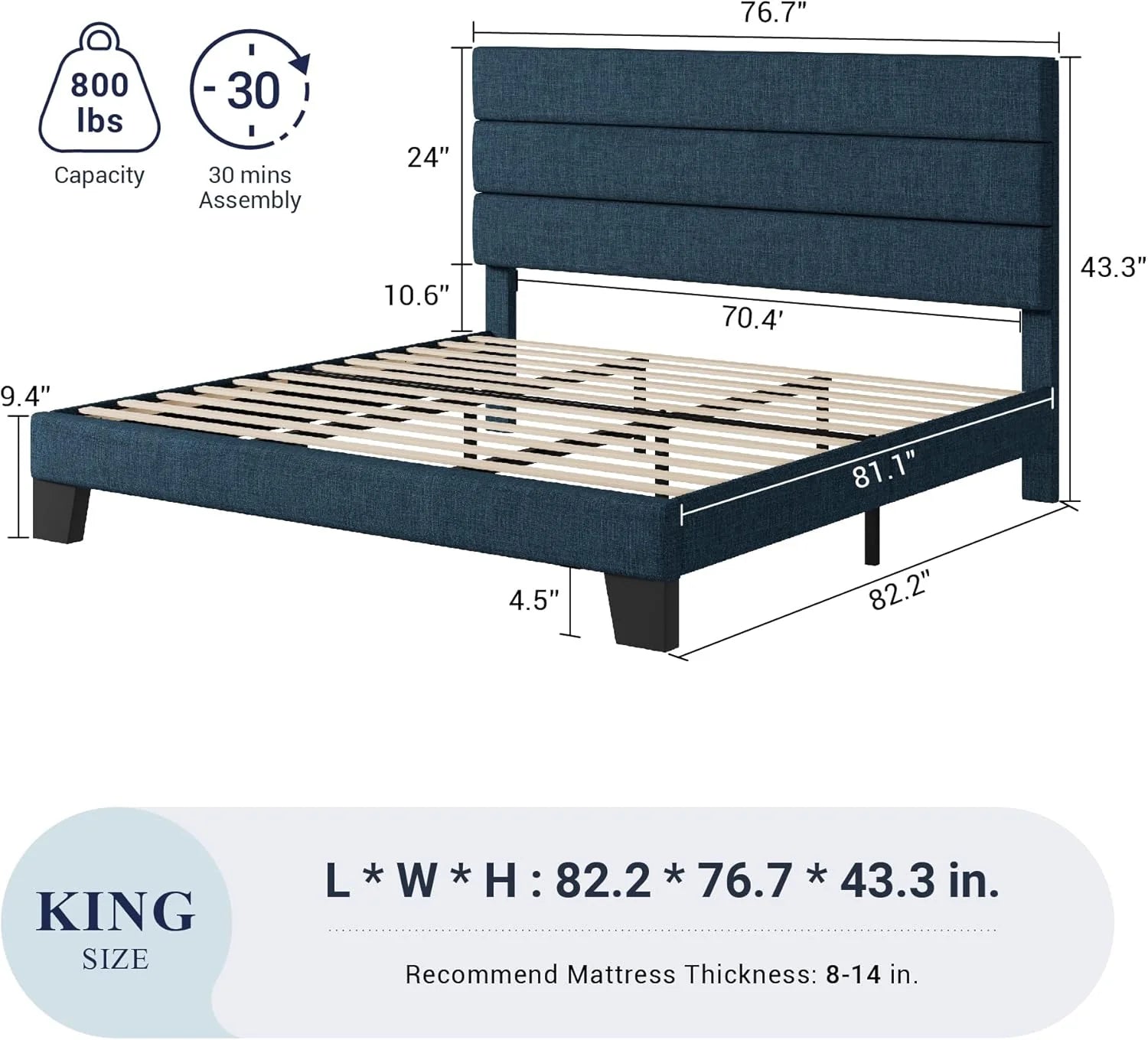 Allewie Queen Size Platform Bed Frame Fabric Upholstered Headboard Wooden Slats Support