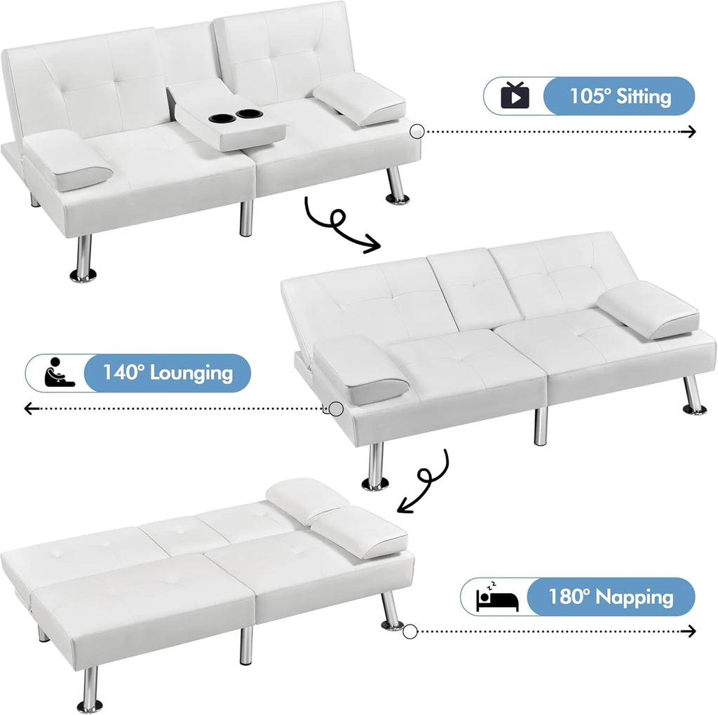 Yaheetech Convertible Sofa Bed Adjustable Couch Sleeper Modern Faux Leather Home Recliner Reversible Loveseat Folding Daybed Guest Bed, Removable Armrests, Cup Holders, 3 Angles, 772lb Capacity, Brown