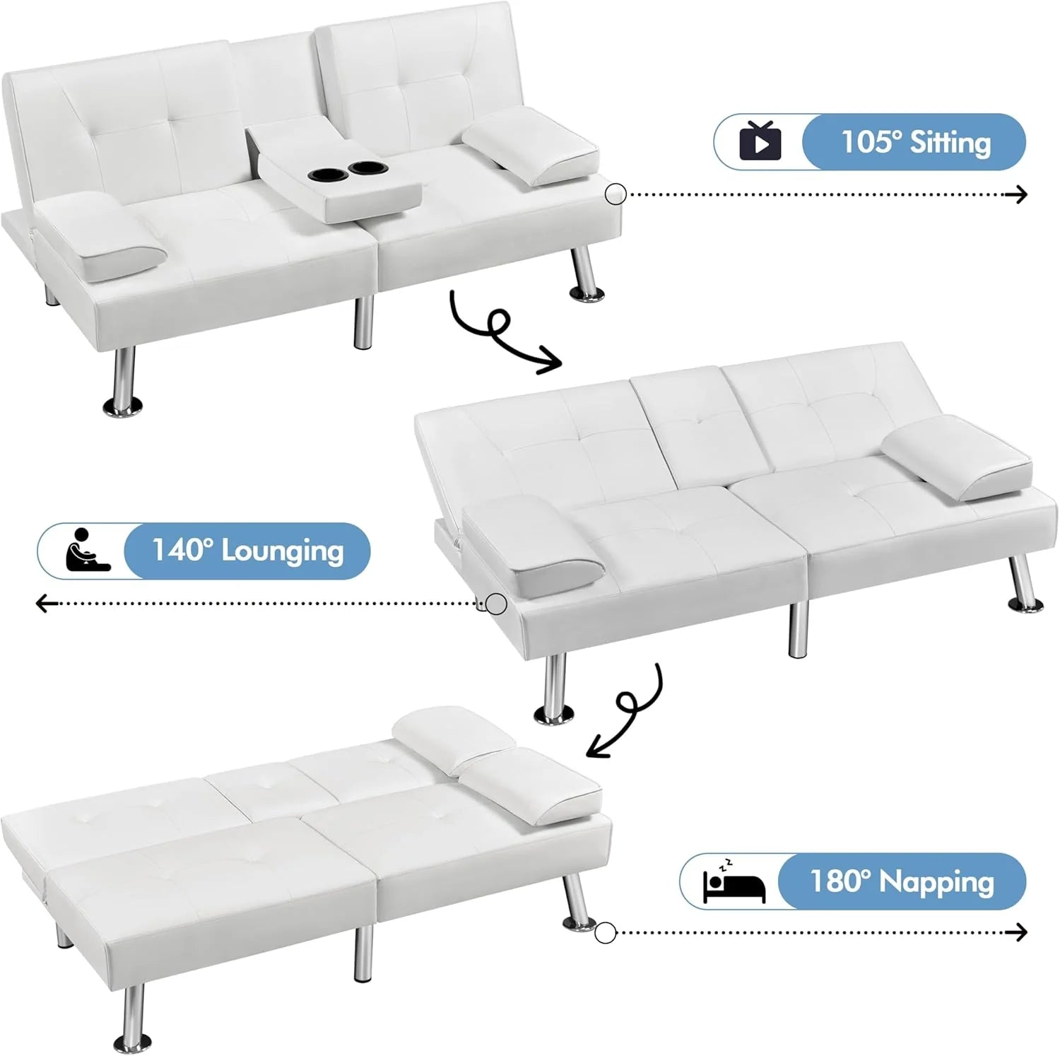 Yaheetech Convertible Sofa Bed Adjustable Couch Sleeper Modern Faux Leather Home Recliner Reversible Loveseat Folding Daybed Guest Bed, Removable Armrests, Cup Holders, 3 Angles, 772lb Capacity, Brown