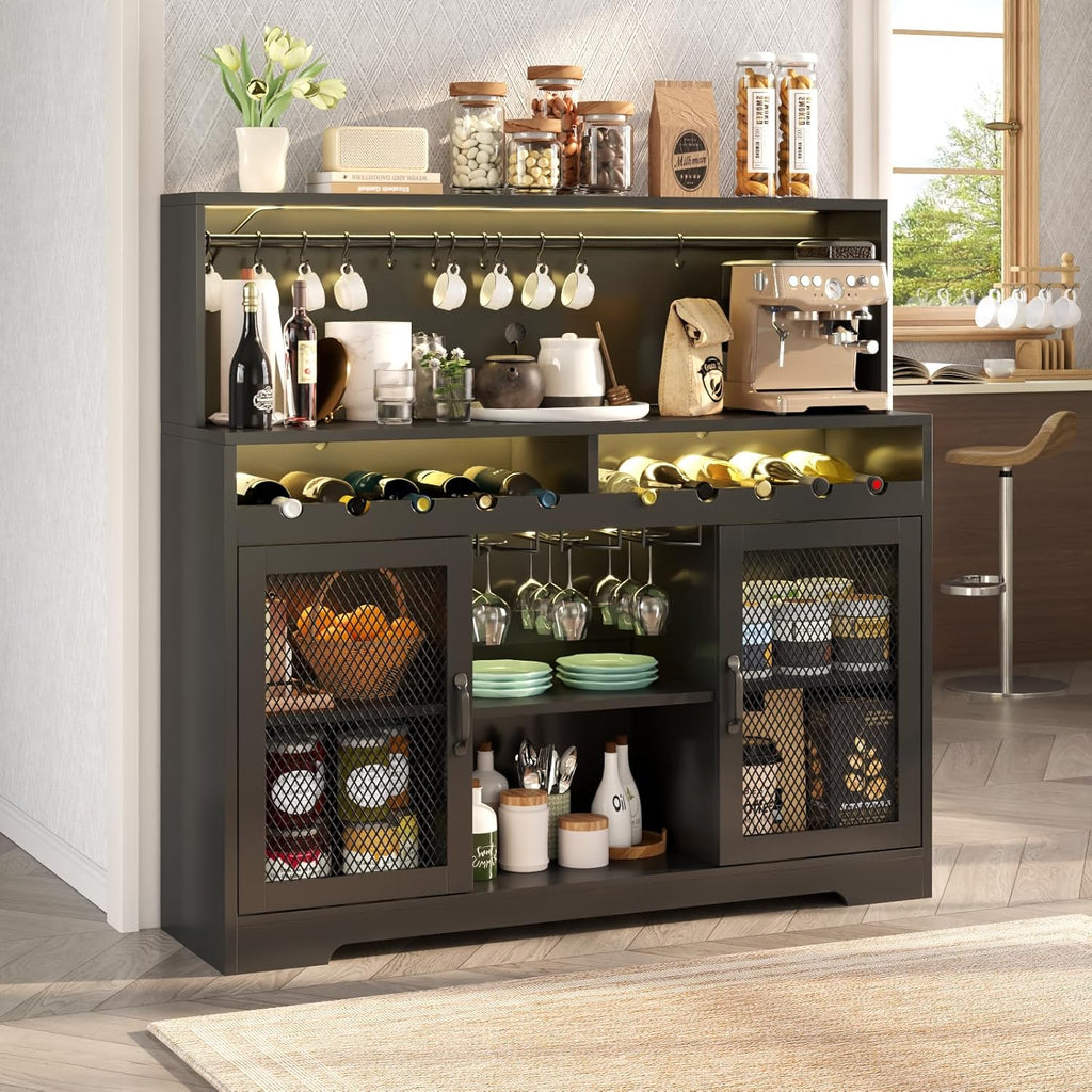 Wine Bar Cabinet with LED Light Liquor Cabinet with Glass Holder Coffee Bar for Liquor