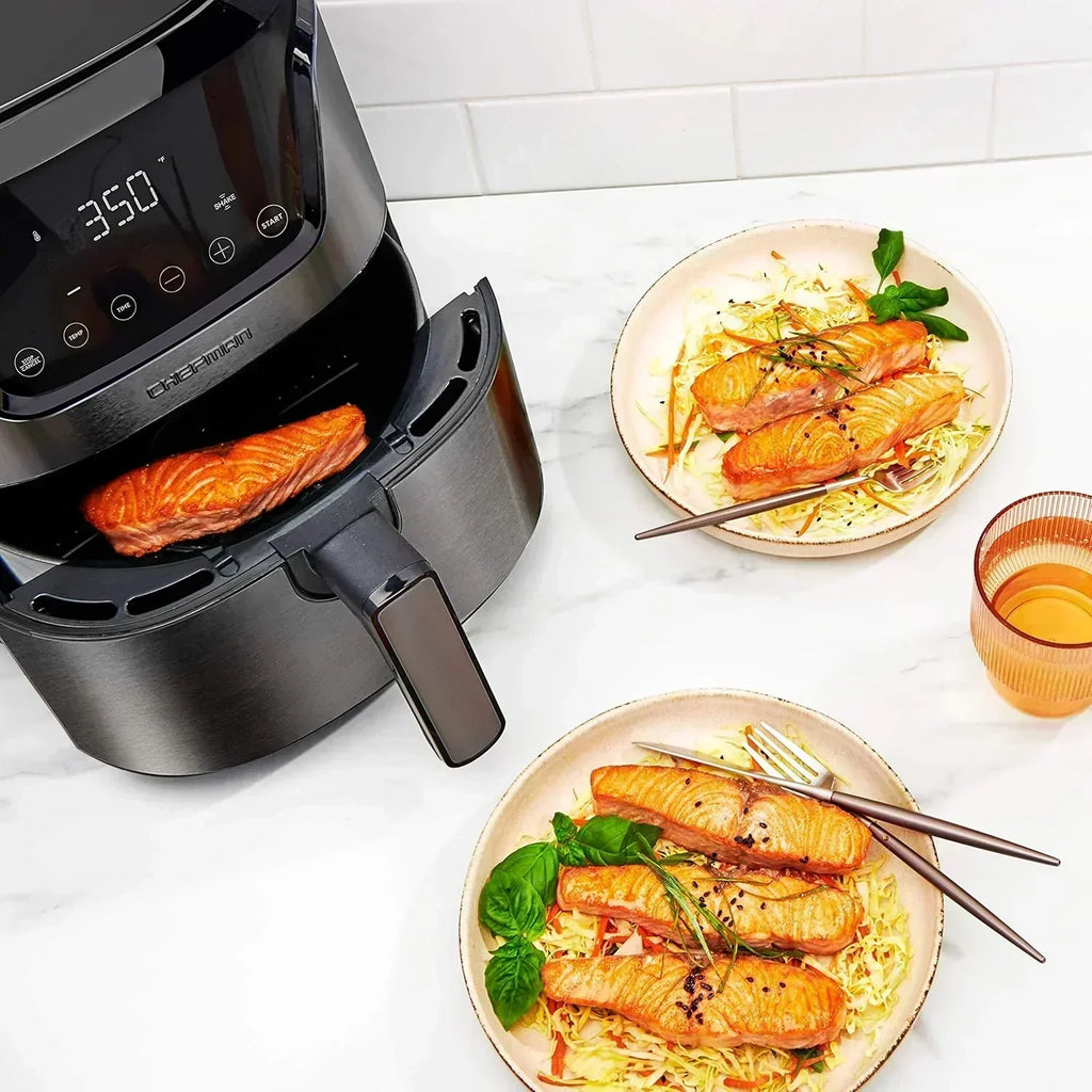Chefman 6-Quart Double Basket Air Fryer Easy View Window uses two separate nonstick pans