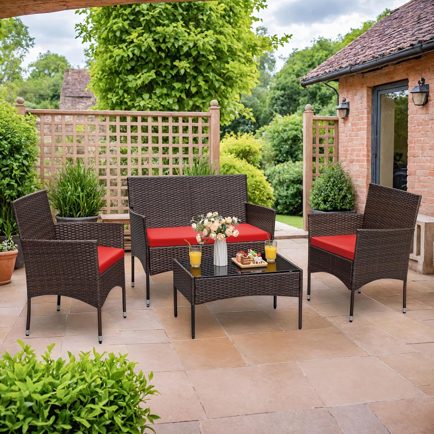 4 piece outdoor patio furniture set rattan chair wicker set