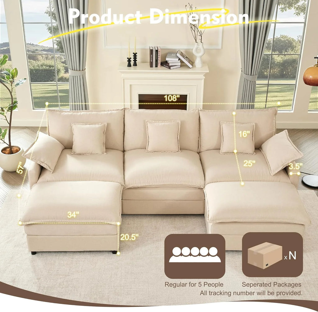 108 Inch U Shape Sofa Sectional Sofa Comfortable Cloud Sofa with Removable Footstool