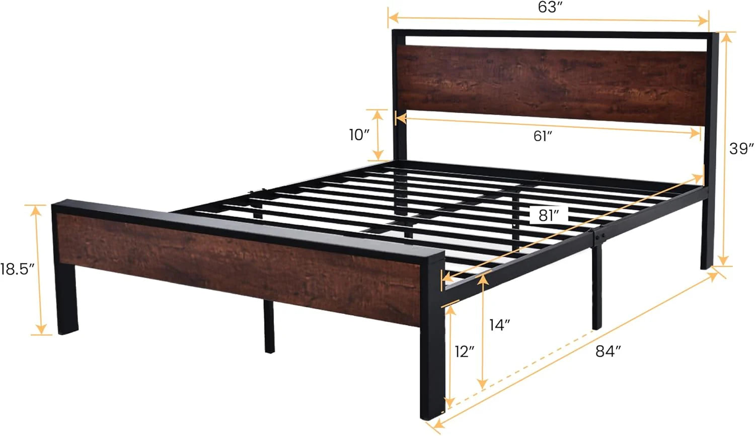 SHA CERLIN 14 Inch Full Size Metal Platform Bed Frame with Wooden Headboard and Footboard