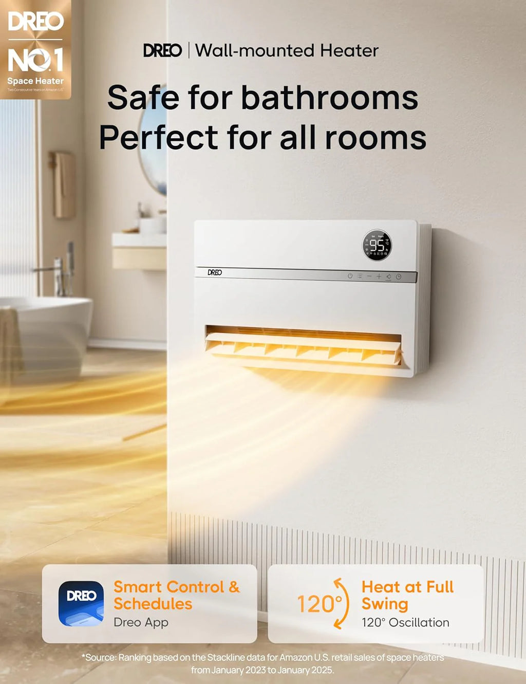 Dreo Smart Wall Heater, Electric Space Heater for Bedroom 1500W, 120�� Vertical Oscillation, Adjustable Thermostat, Remote Control, 24H Timer, Easy-Mount Heater for Indoor Use, Works with Alexa, WH719S