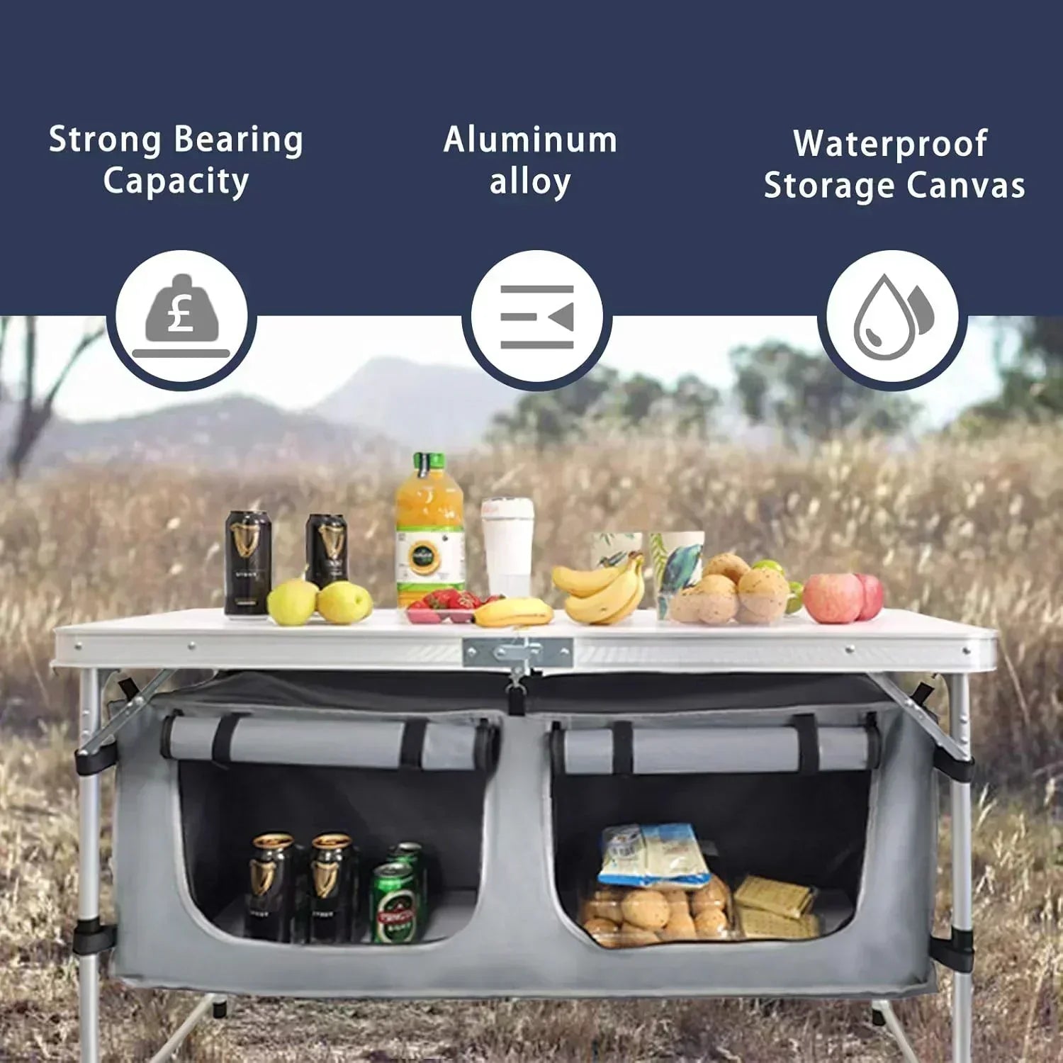 Outdoor Folding Table Aluminum Lightweight Height Adjustable with Storage Organizer