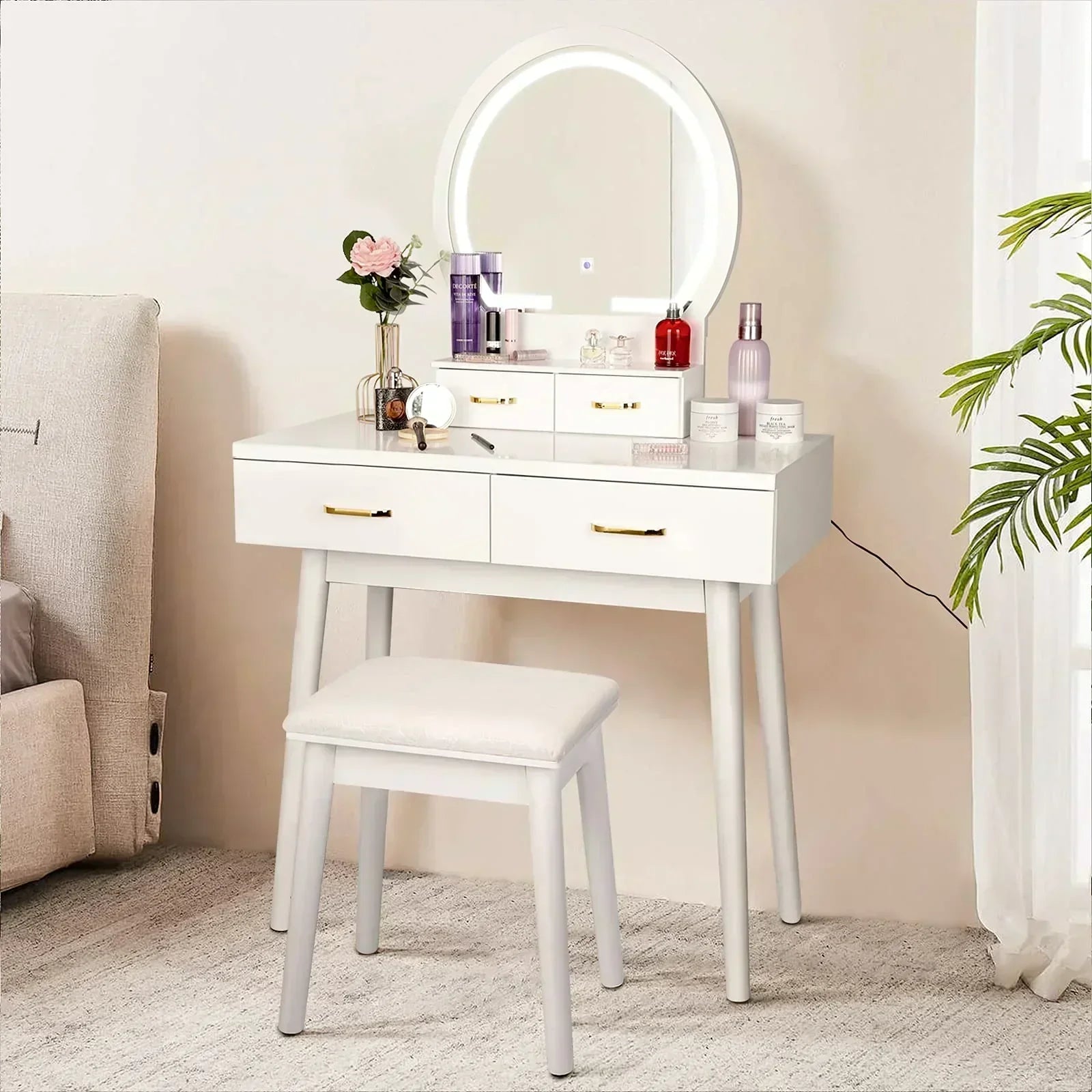 Vanity Desk with Lighted Mirror 3 Color Lighting Modes Adjustable Brightness
