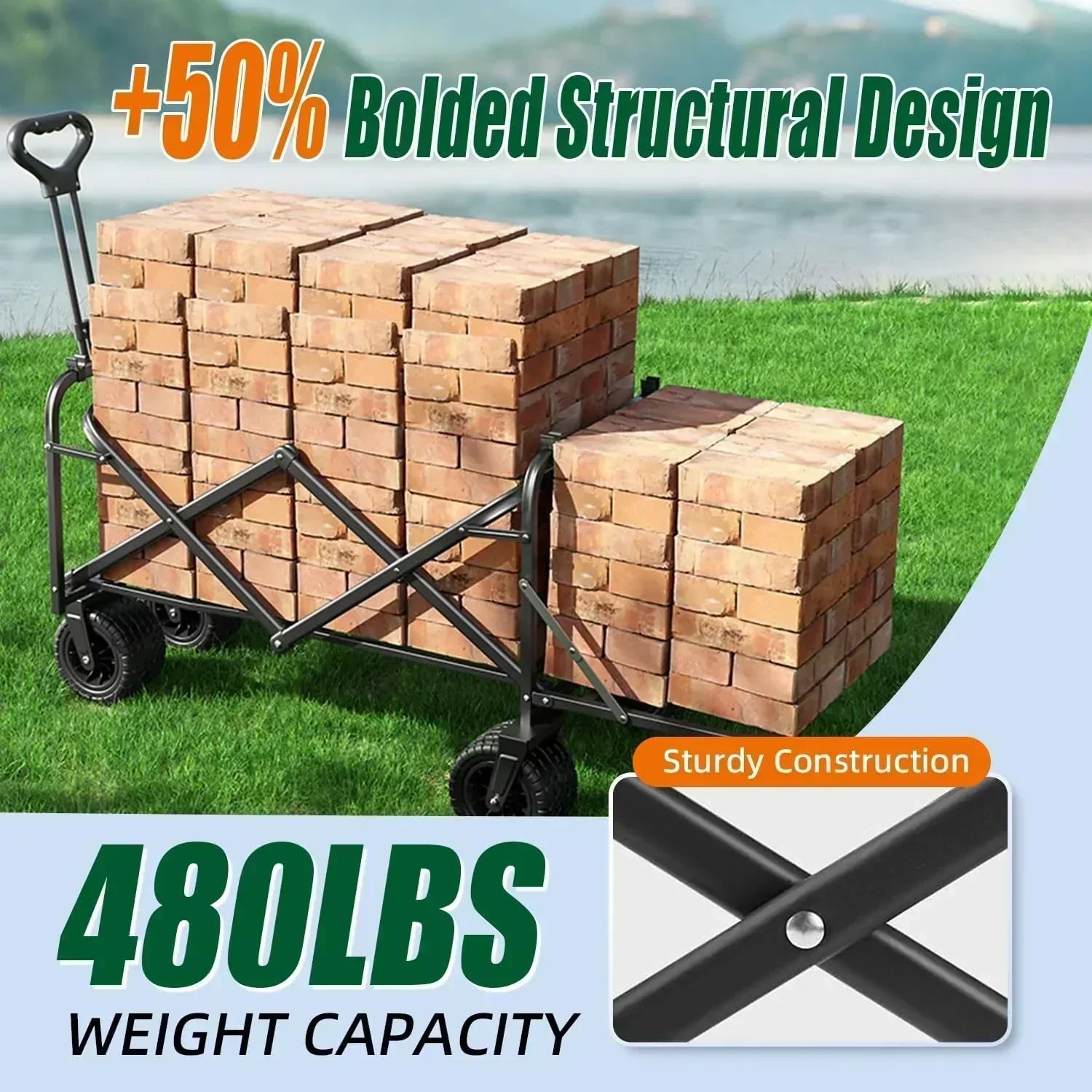 Foldable 4-wheel cart foldable 37 inches long 480 lb capacity heavy-duty beach cart