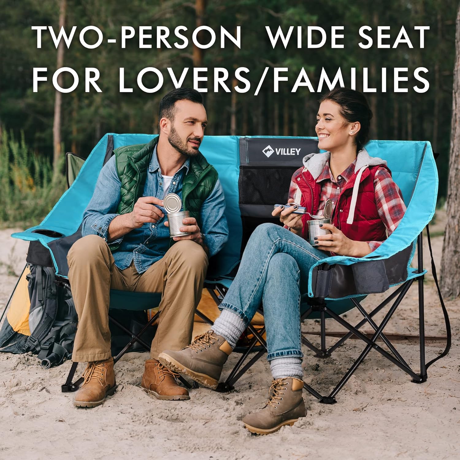 Double camping chair (with cooler bag), extra wide love seat, heavy duty padded camping sofa, portable folding chair