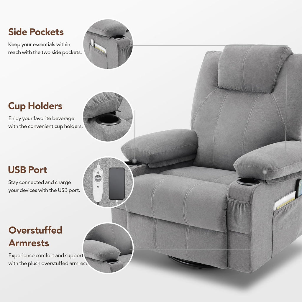 Large Swivel Rocking Recliner with Heating and Massage Function, 360 Degree Swivel Rocking Single Sofa