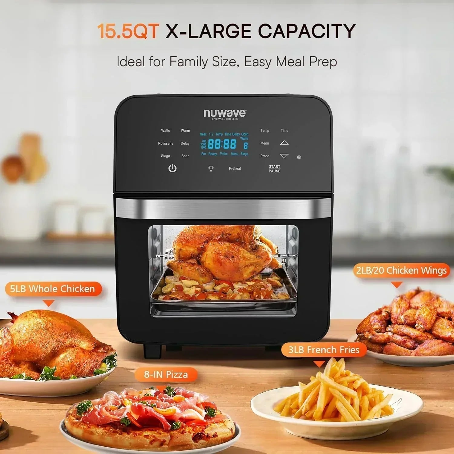 Nuwave Brio 15.5Qt Air Fryer Oven quickly reheats bakes and dehydrates food