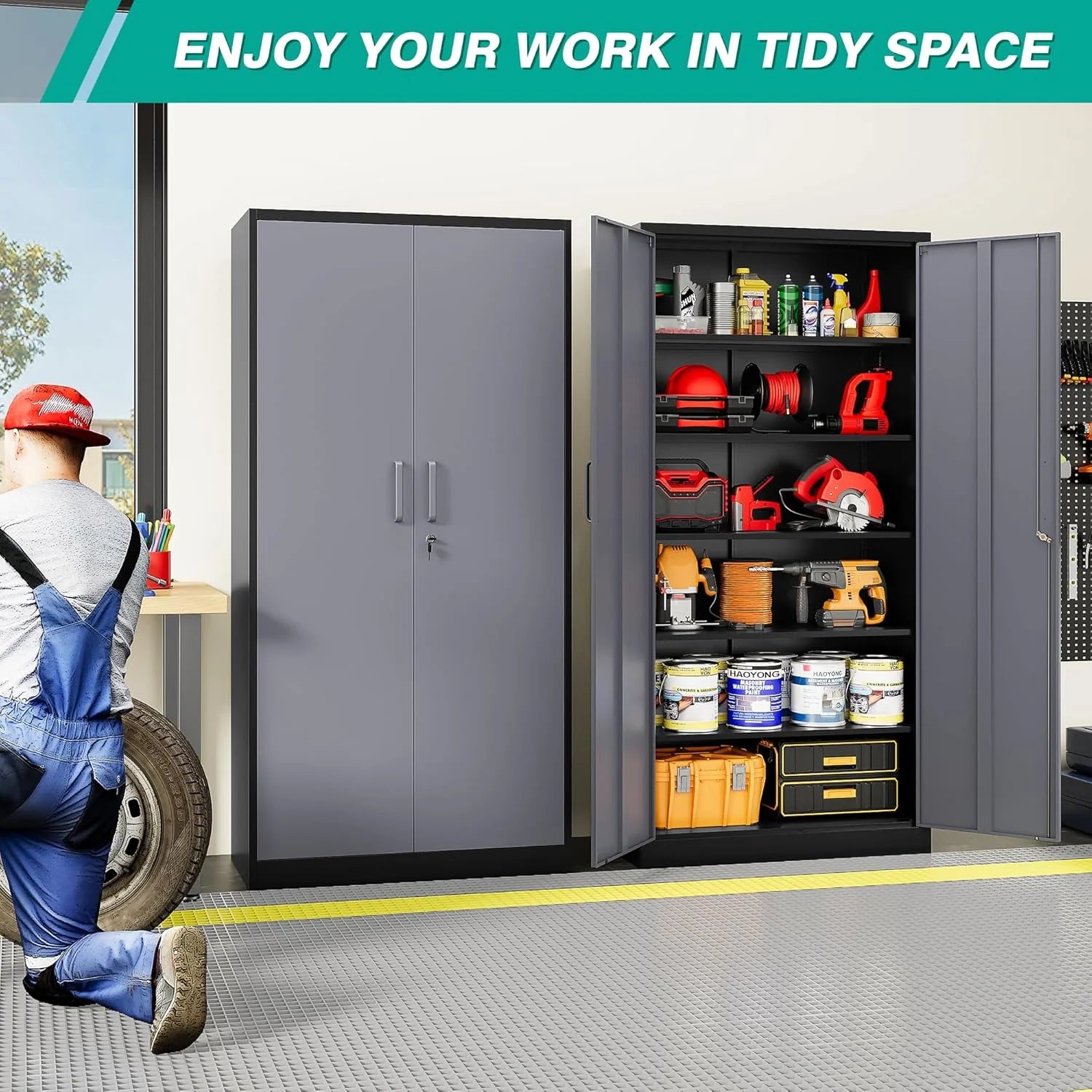 Metal Storage Cabinet with 2 Doors and 6 Shelves, Black Metal Cabinet with Lock, 71 Inch Lockable Garage Storage Cabinet