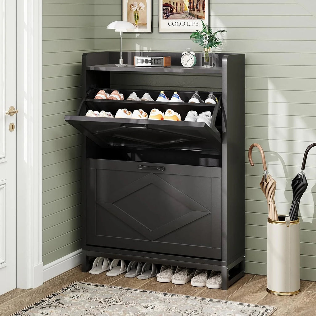 Shoe Cabinet, Shoe Storage Cabinet with 2 Flip Drawers & Adjustable Shelf