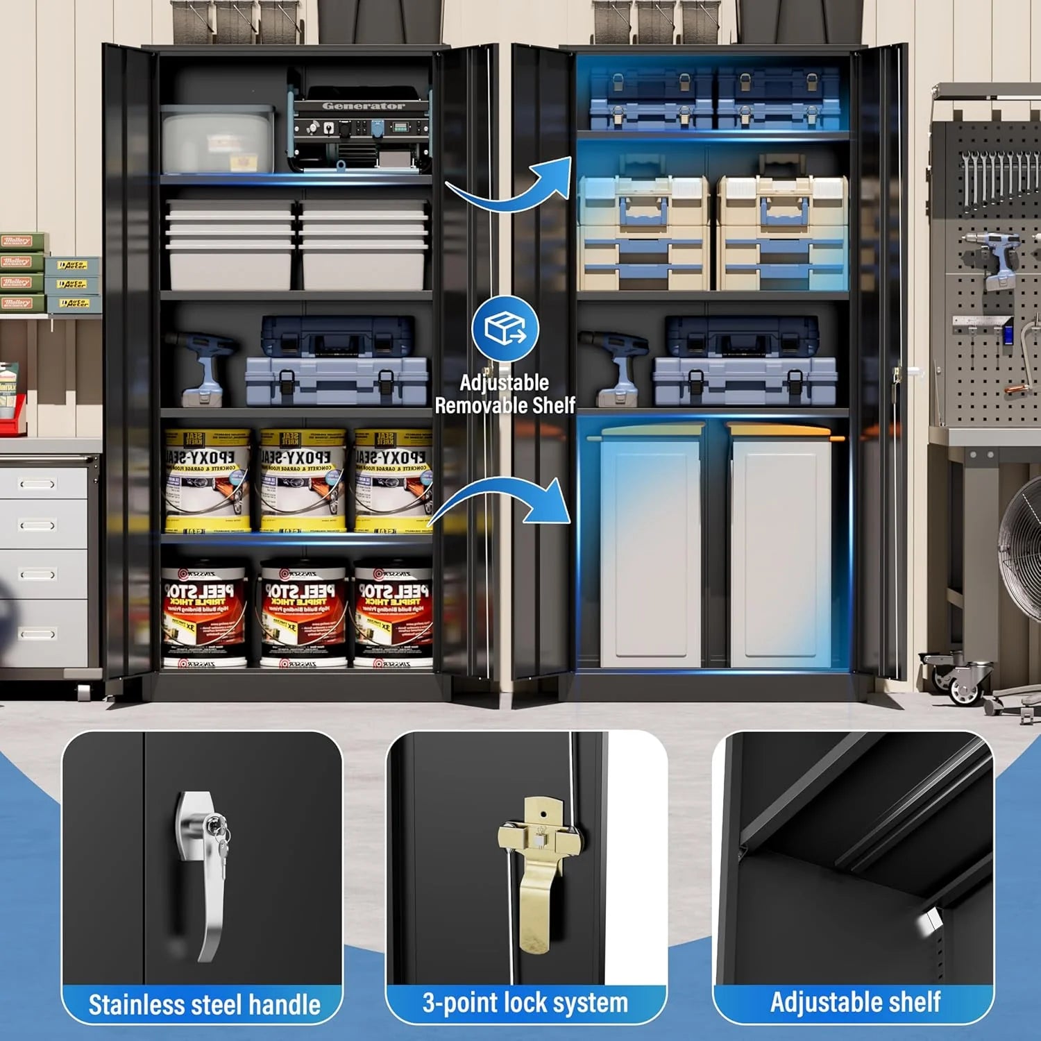 Greenvelly Metal Storage Cabinet, 72 Black Locking Metal Cabinet with 2 Doors and 4 Adjustable Shelves, Lockable Garage Storage Cabinets for Home Office, Garage, Kitchen, Living Room