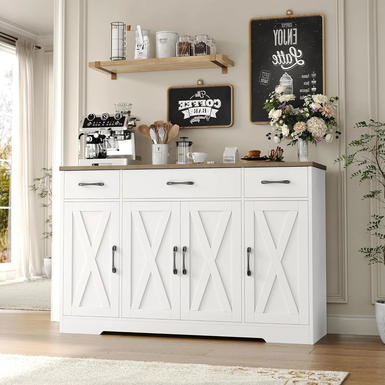 HOSTACK Buffet Cabinet with Drawers, 55 Large Sideboard Buffet Storage Cabinet with Shelves and Doors, Modern Farmhouse Coffee Bar Station Wood Kitchen Table for Kitchen, Dining Room, White/Rustic