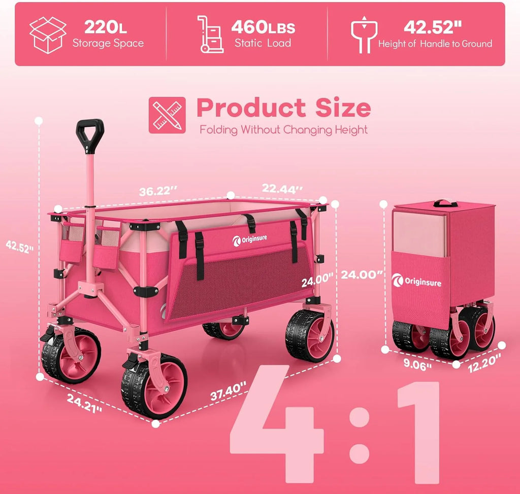 38 long foldable four-wheel stroller, foldable, 460 lb capacity, 220 liter heavy-duty folding beach stroller with large all-terrain tires