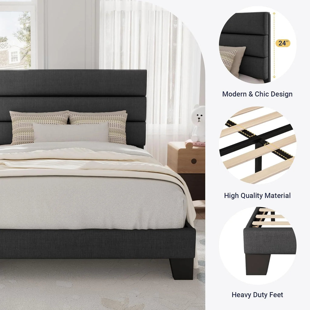 Allewie Queen Size Platform Bed Frame Fabric Upholstered Headboard Wooden Slats Support