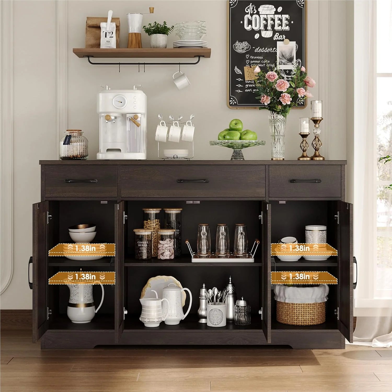 HOSTACK Buffet Cabinet with Drawers, 55 Large Sideboard Buffet Storage Cabinet with Shelves and Doors, Modern Farmhouse Coffee Bar Station Wood Kitchen Table for Kitchen, Dining Room, White/Rustic