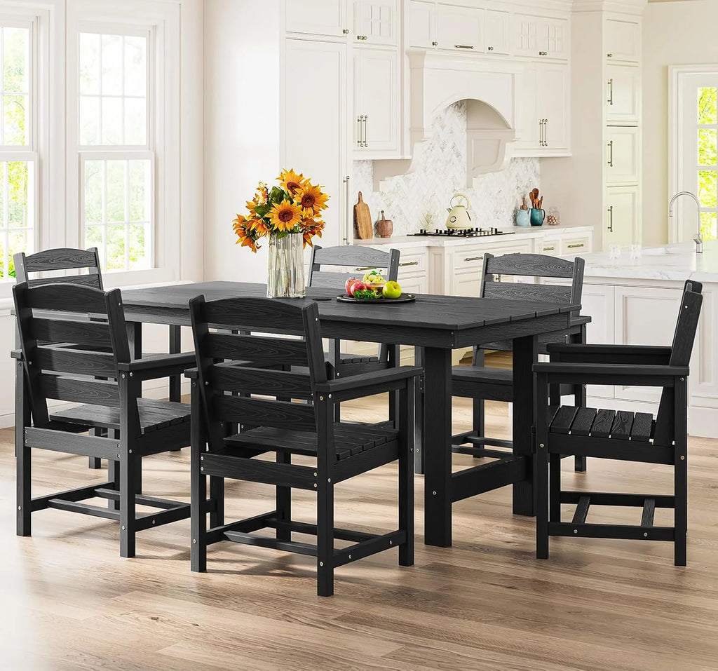 Outdoor HDPE Dining Table Set, 7-Piece Outdoor Dining Table Sets with Umbrella Hole Cut-Out Table and 6 Chairs