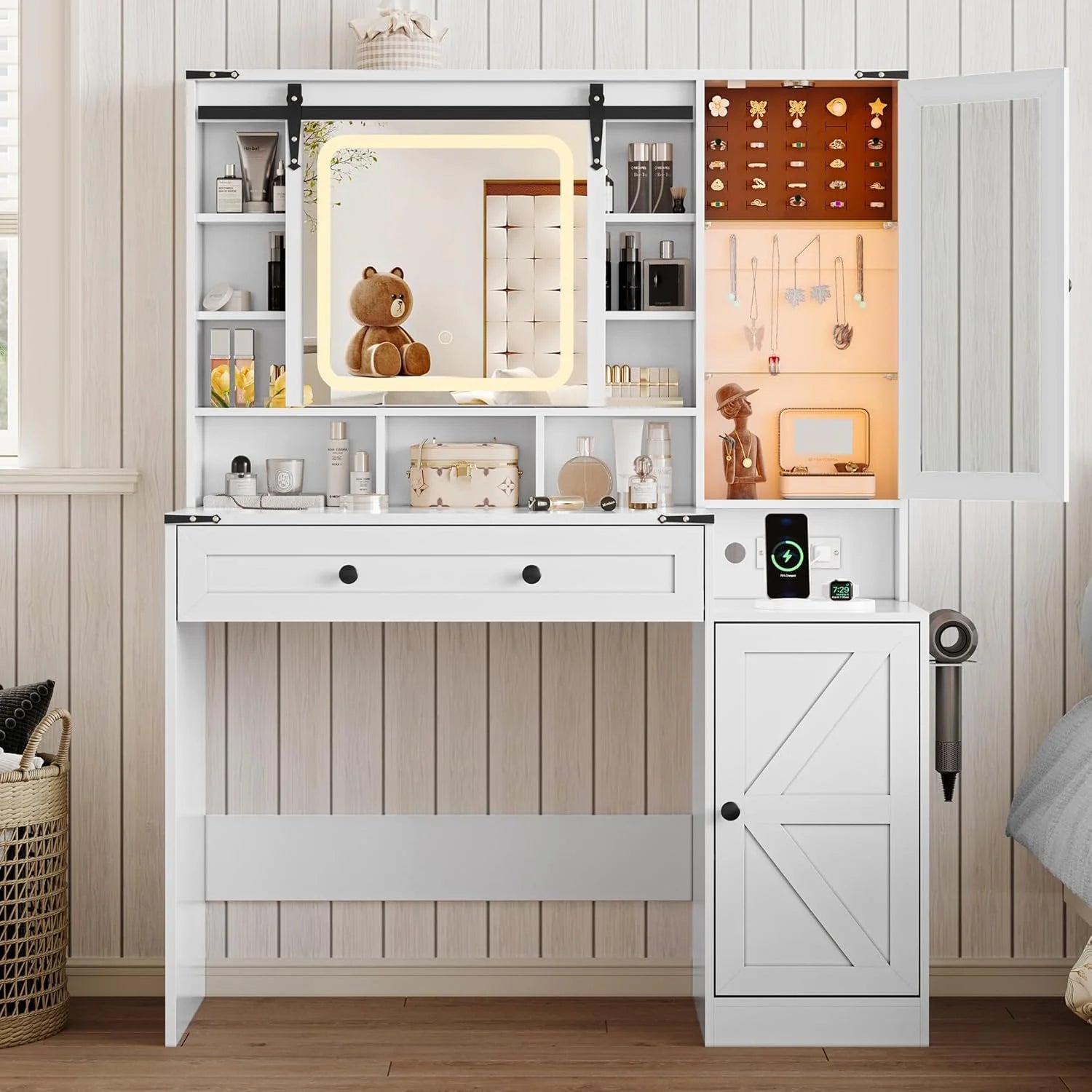 Vanity Desk with LED Lights Mirror & Power Outlet, Small Makeup Vanity Table Set
