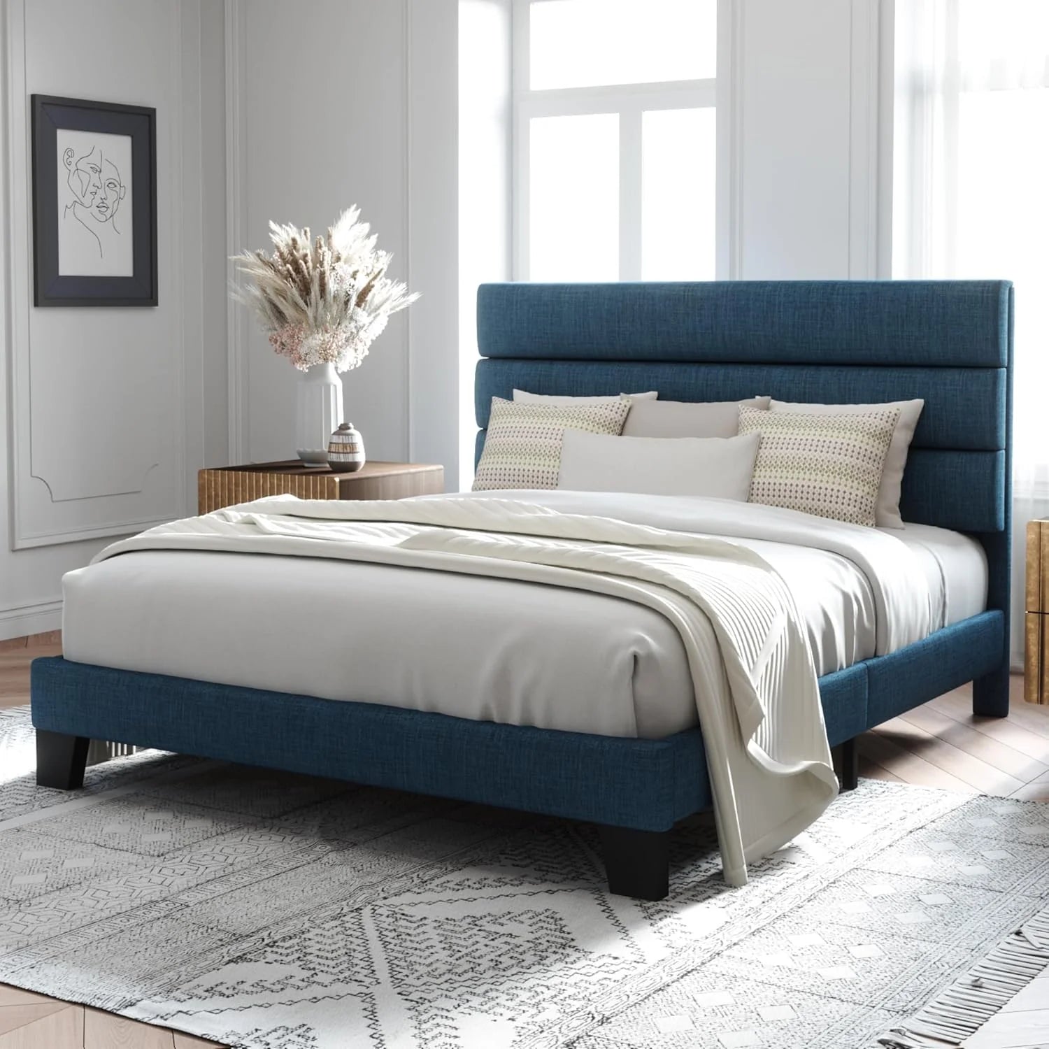Allewie Queen Size Platform Bed Frame Fabric Upholstered Headboard Wooden Slats Support