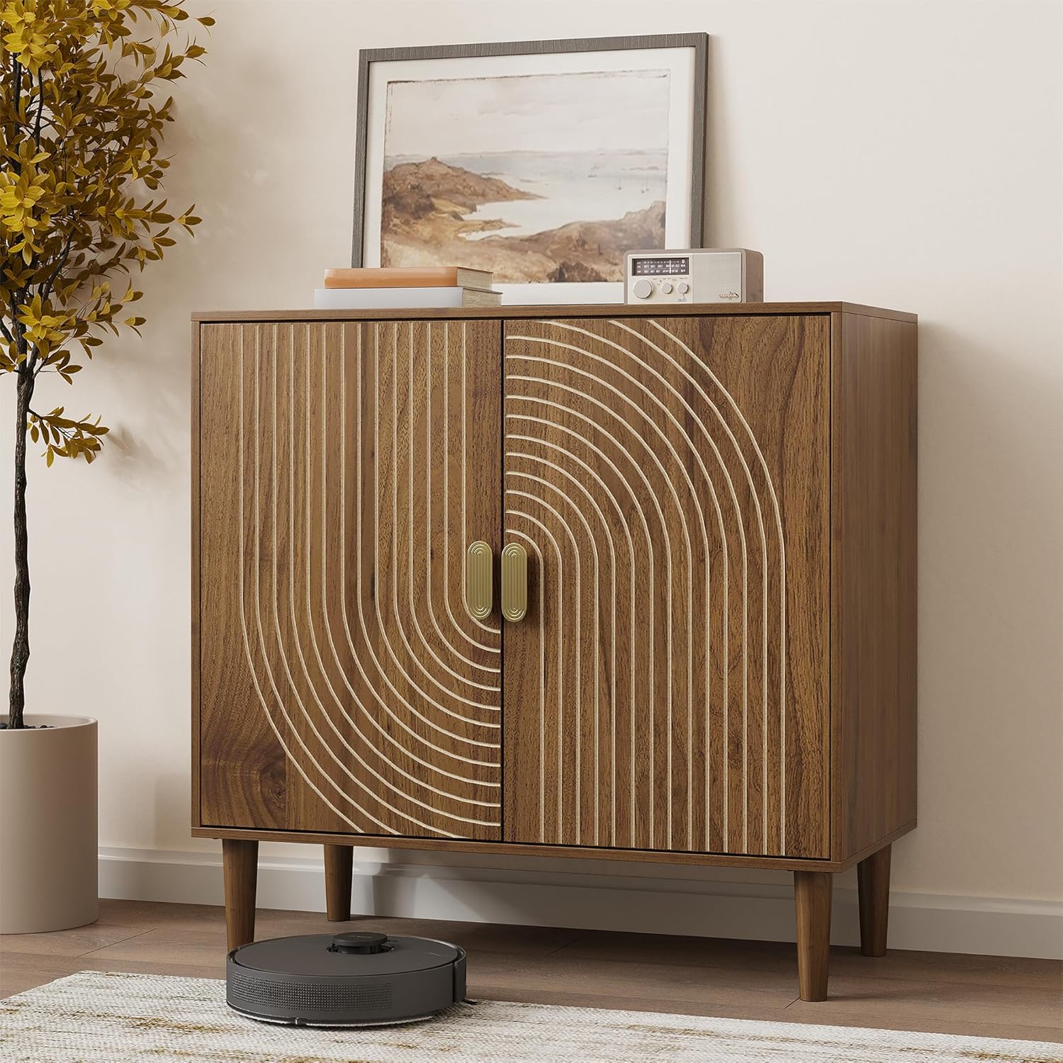 Smuxee Walnut Sideboard Cabinet Freestanding Buffet Cabinet Line Groove Design Wood Storage Cabinet
