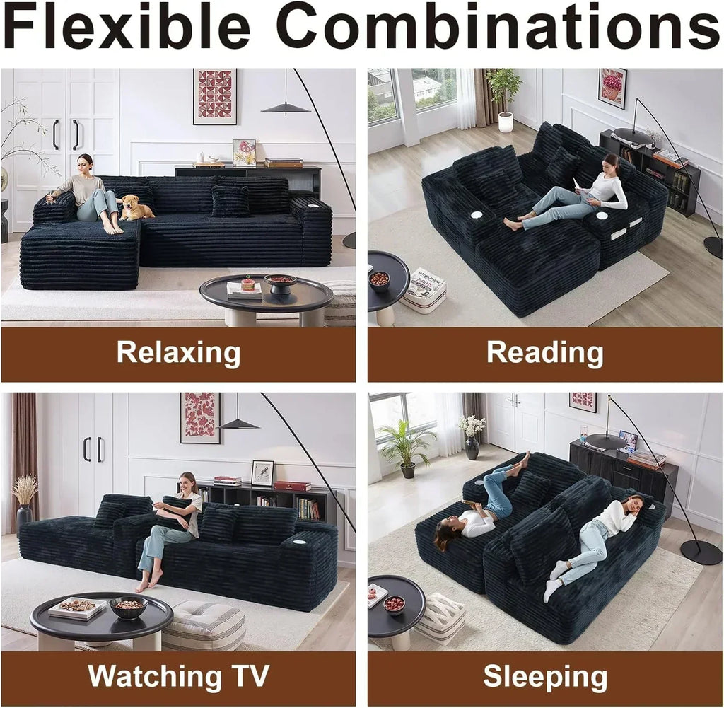 Cloud section sofa with L-shaped recliner modern modular sofa built-in cup holder