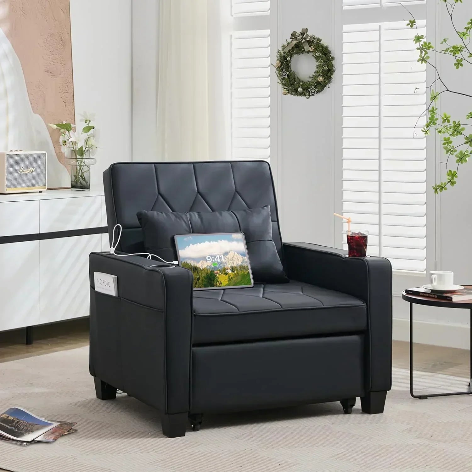 Adult Convertible Sleeper Chair Bed 3-in-1 Pull-Out Sofa Bed with USB/Type-C Ports Cup Holders