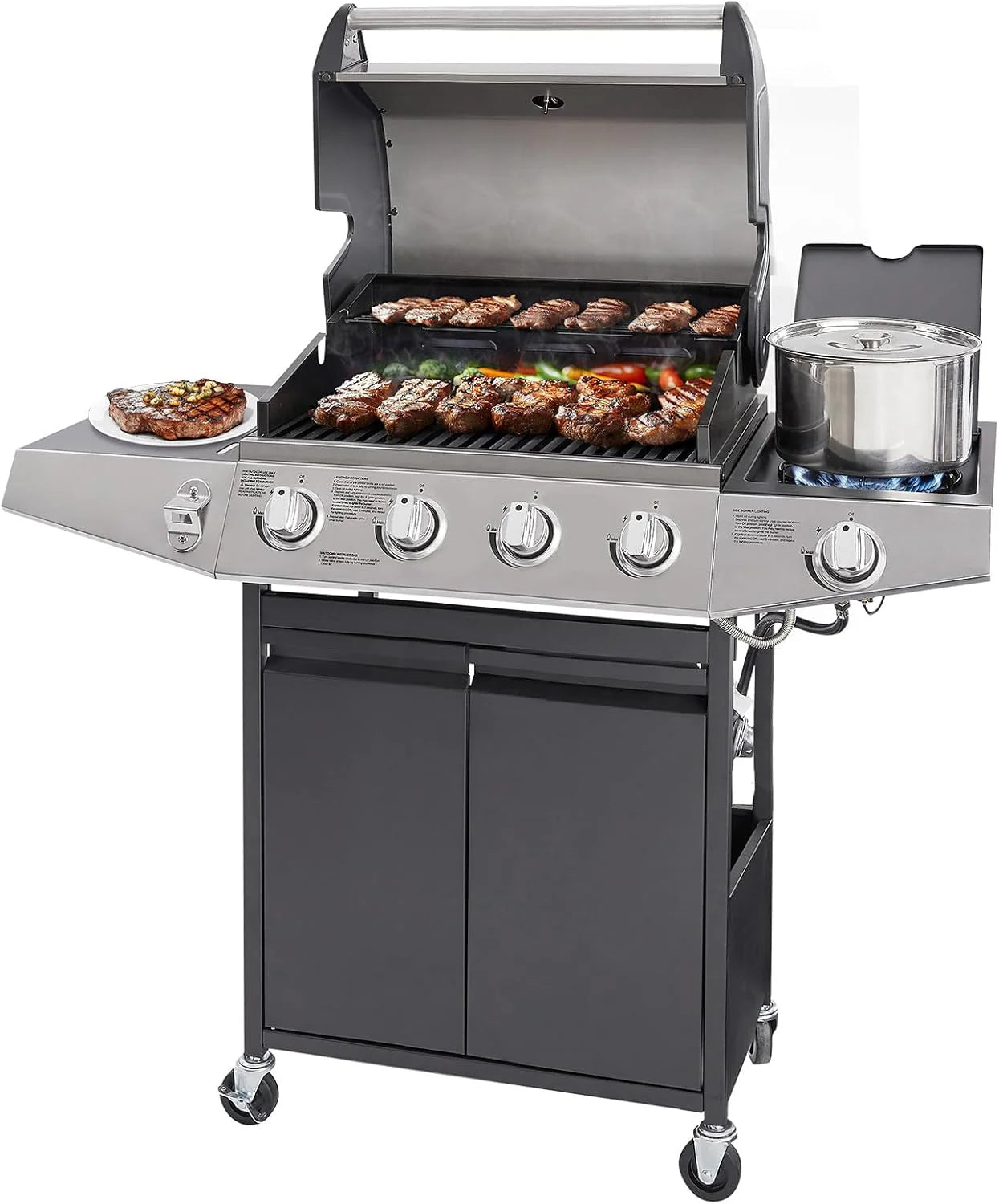 Unovivy 4-Burner Propane Gas Grill with Side Burner, Portable Grill