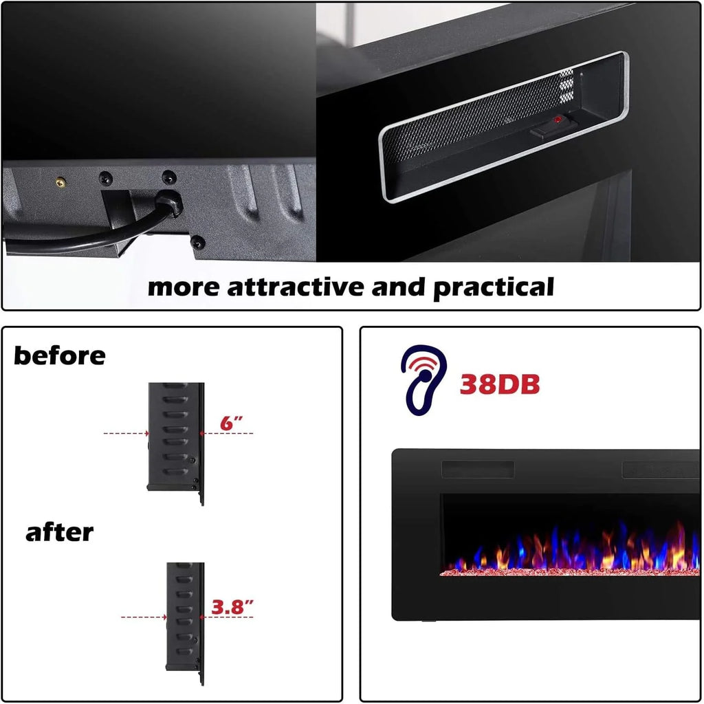 R.W.FLAME 60 Recessed and Wall Mounted Electric Fireplace, Low Noise, Fit for 2 x 6 Stud, Remote Control with Timer, Touch Screen, Adjustable Flame Color and Speed, 750-1500W