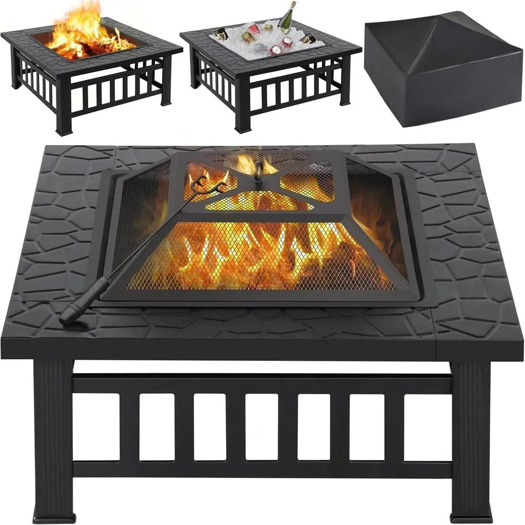 Yaheetech Multifunctional Fire Pit Table Square Metal Firepit Stove Backyard Patio Garden Fireplace