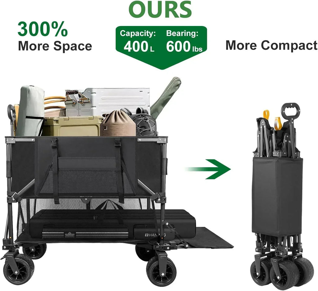 Double Decker Wagon 600lb Capacity 400L Collapsible Wagon 54 Extended Utility Folding Cart
