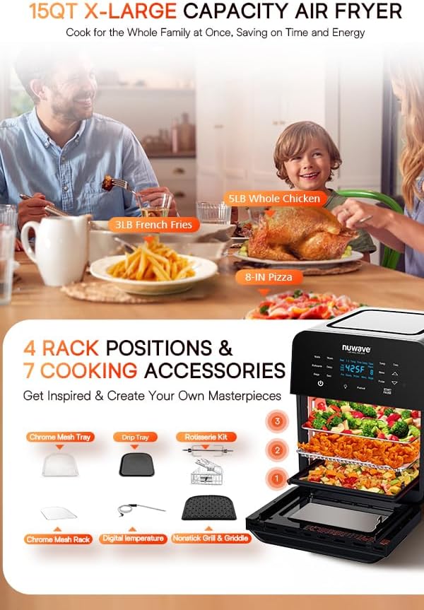 Nuwave Brio 15.5Qt Air Fryer Broiler 50��-425��F Temperature Control Integrated Smart Thermometer