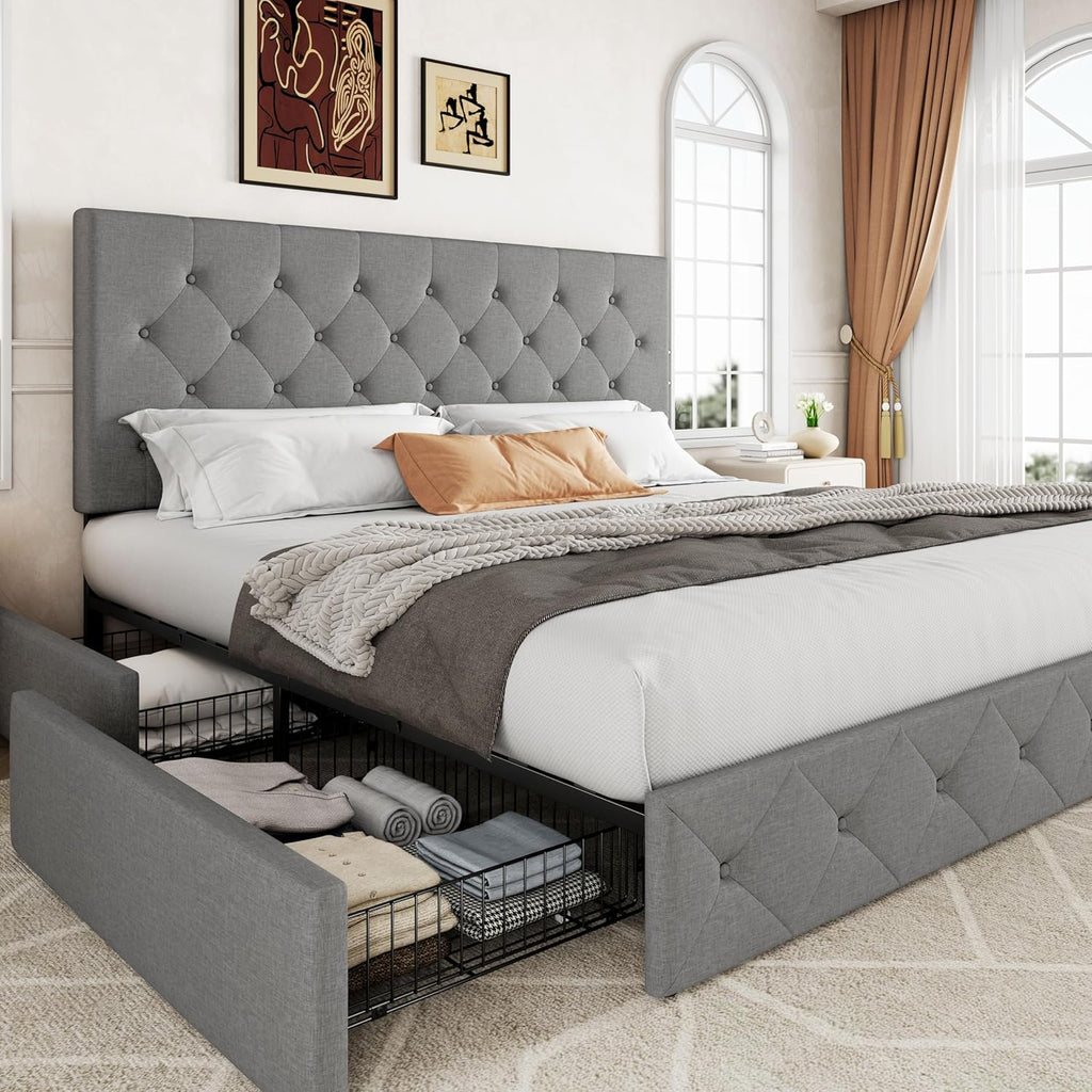 Allewie Upholstered Queen Size Platform Bed Frame with 4 Storage Drawers and Headboard