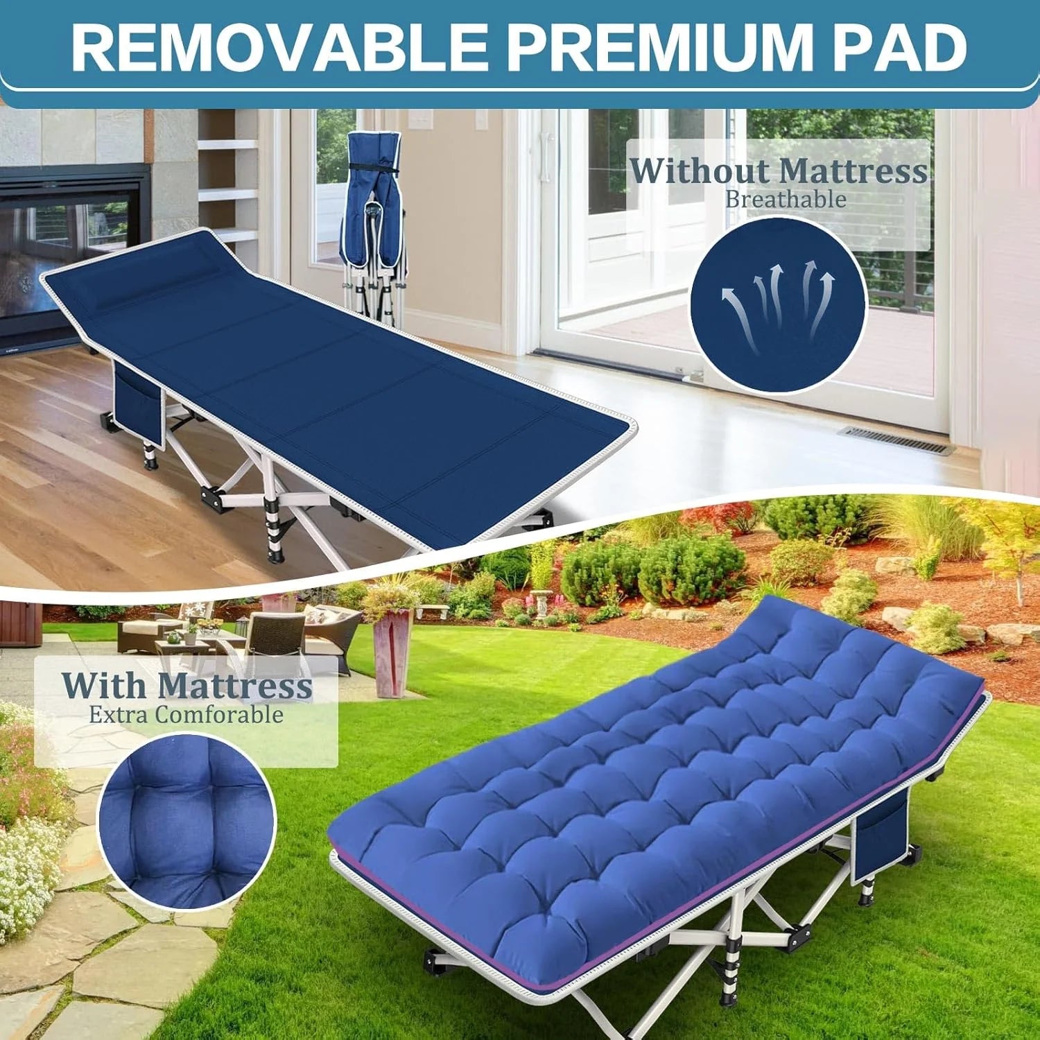 2 Pack Camping Cot with Mattress Comfortable Cot Bed Folding Cot Heavy Duty Cots for Sleeping with Carry Bag for Adults Kids Guest Bed Outdoor Indoor Home
