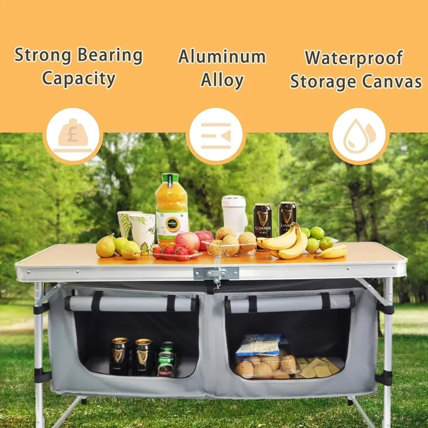 Outdoor Folding Table Aluminum Lightweight Height Adjustable with Storage Organizer