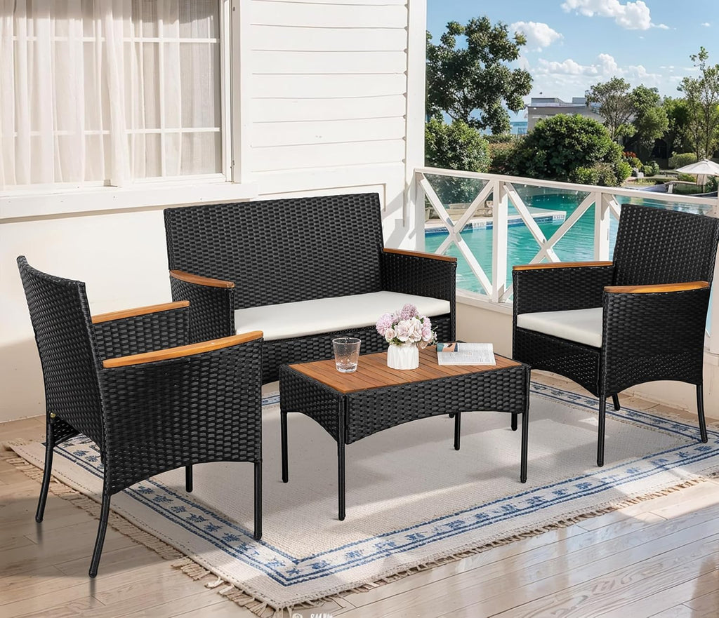 Shintenchi 4-Piece Patio Furniture Set Outdoor Wicker Patio Conversation Furniture Set with Cushions