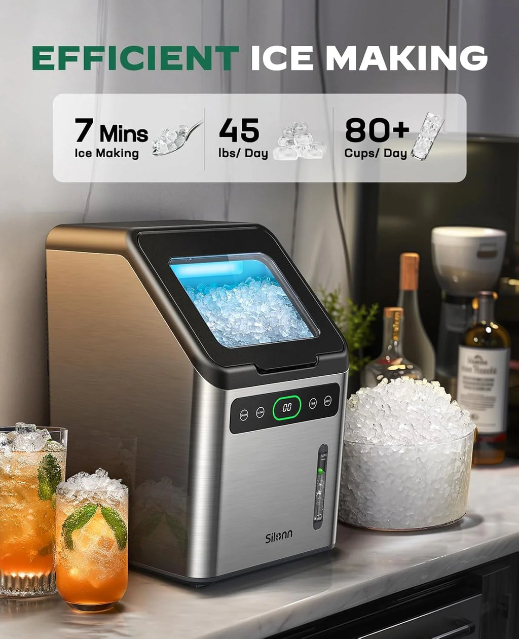 Nugget Ice Maker Countertop, Silonn Chewable Pellet Ice Machine with Self-Cleanin Function, 33lbs/24H Portable Ice Makers for Home Kitchen Officce, Black