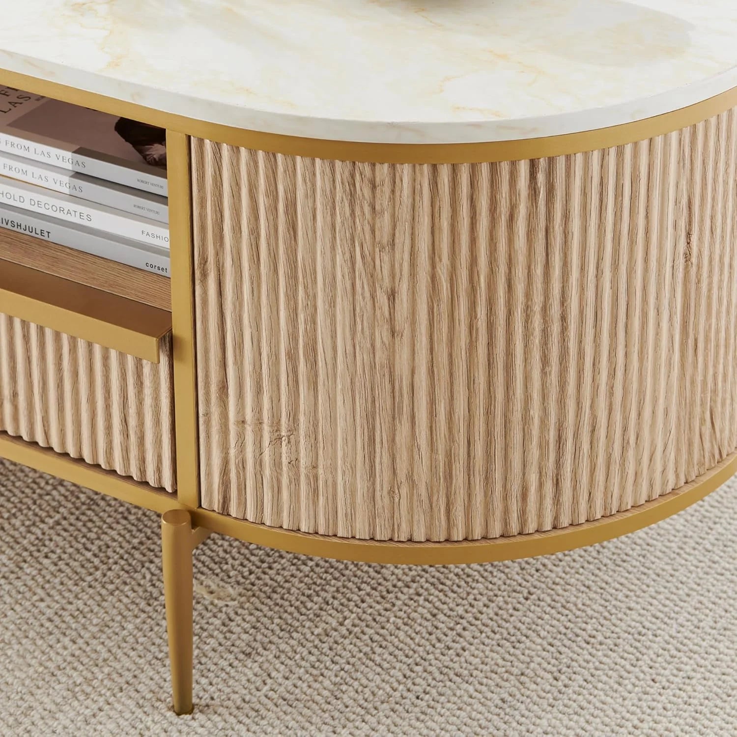 OKD Modern Luxury Grooved Coffee Table, 48 Inch Oval Coffee Table with Drawers, Imitation Marble Top, Curved Contour Design, Gold Metal Trim, Living Room Center Table