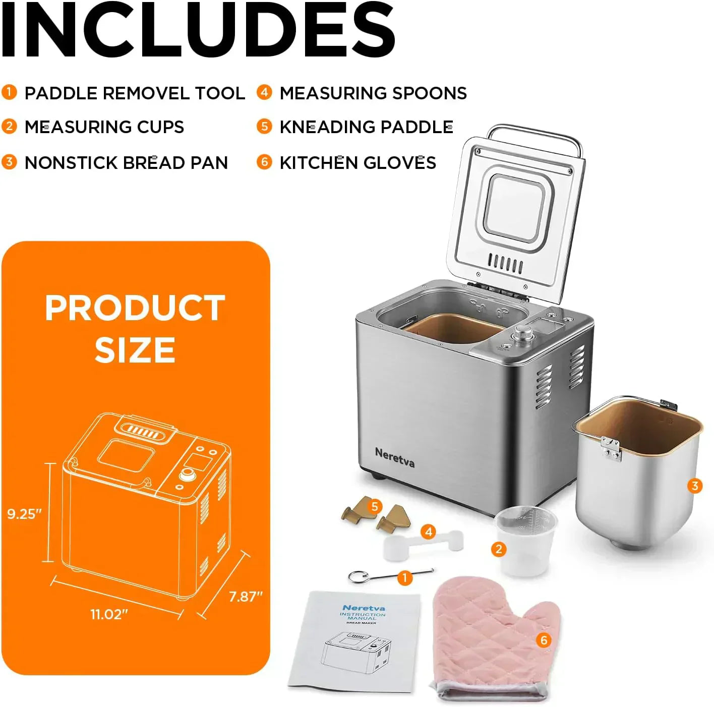 Neretva Bread Maker 20-in-1 2LB Bread Maker Dual Heater Bread Maker Automatic