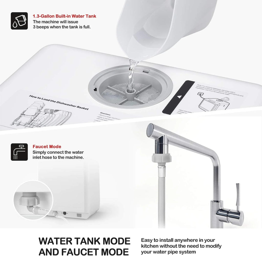 NOVETE Portable Countertop Dishwashers, Compact Dishwashers with 5L Built-in Water Tank & Inlet Hose