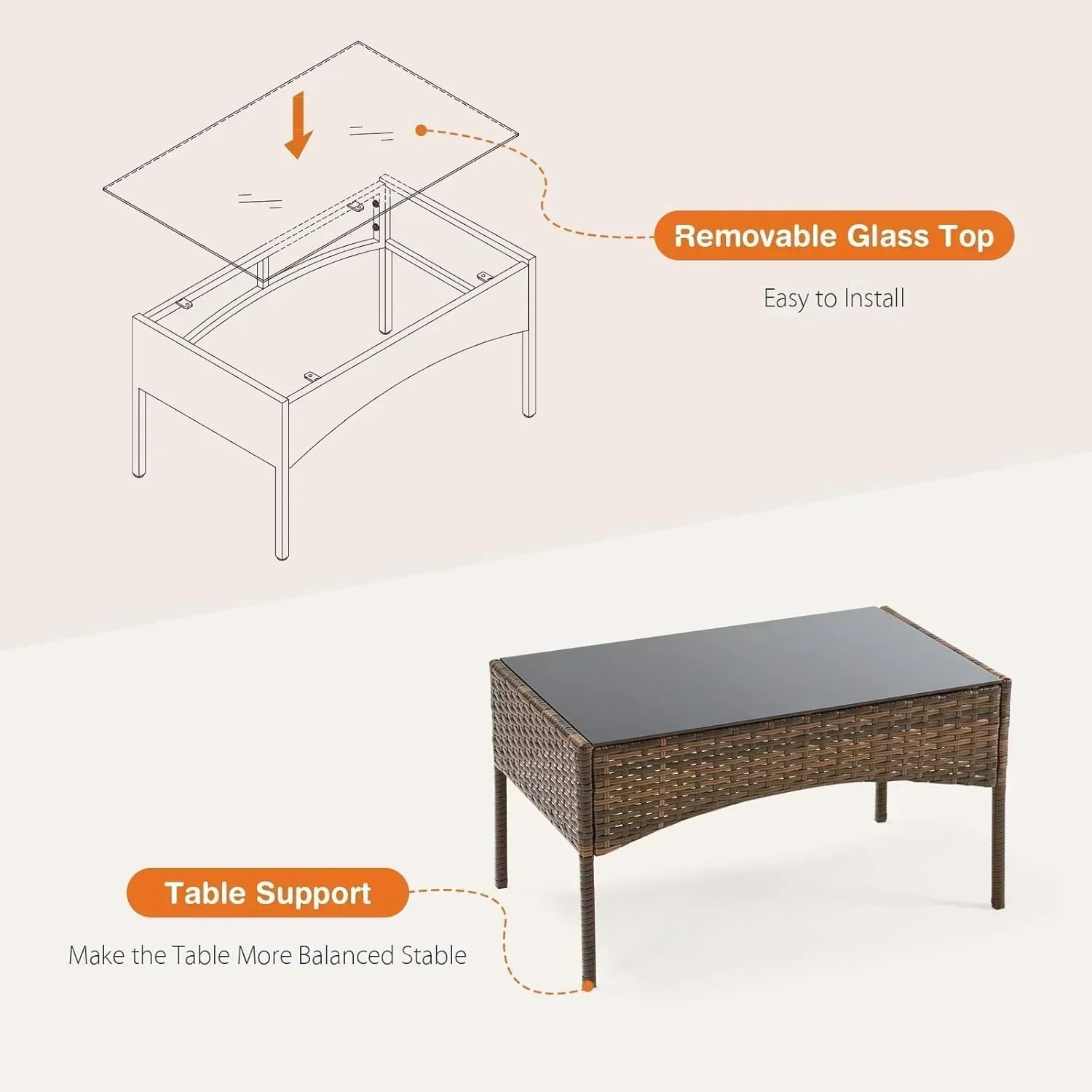 Sweetcripy Patio Furniture Set 3 Pieces Outdoor Furniture with Soft Cushion and Glass Table