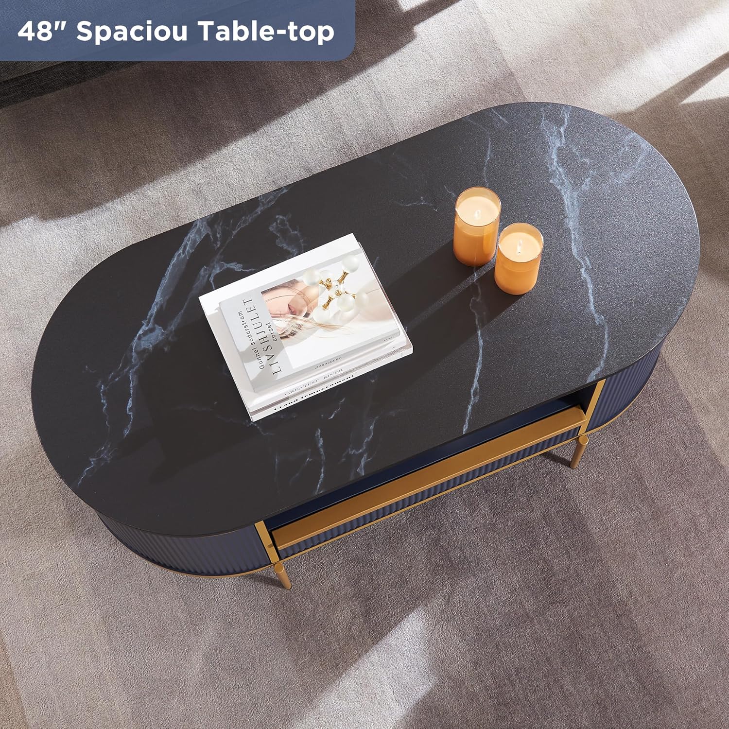 OKD Modern Luxury Grooved Coffee Table, 48 Inch Oval Coffee Table with Drawers, Imitation Marble Top, Curved Contour Design, Gold Metal Trim, Living Room Center Table