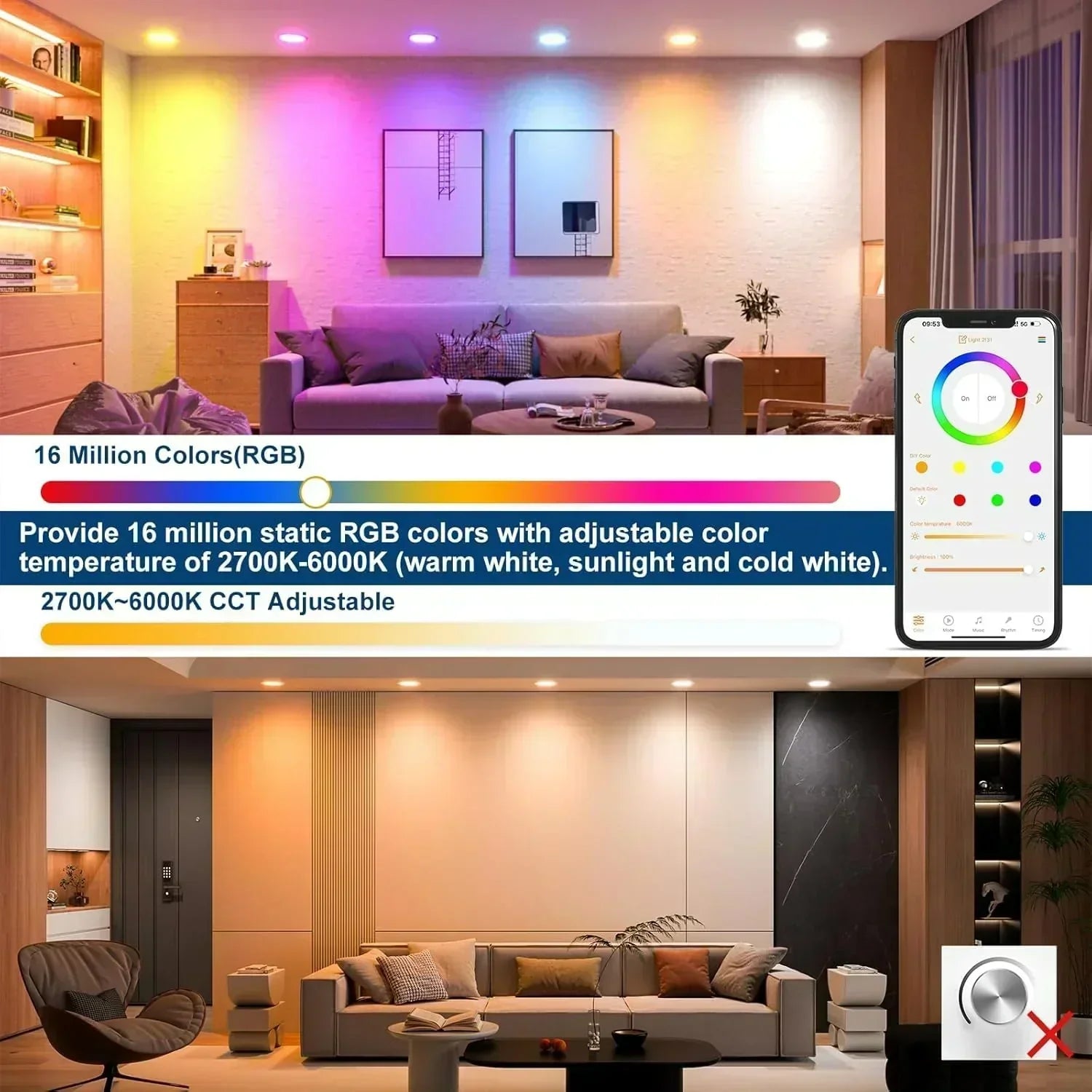 Smart Recessed Lighting 4 RGBCW Color Changing 12W LED Downlight with Junction Box