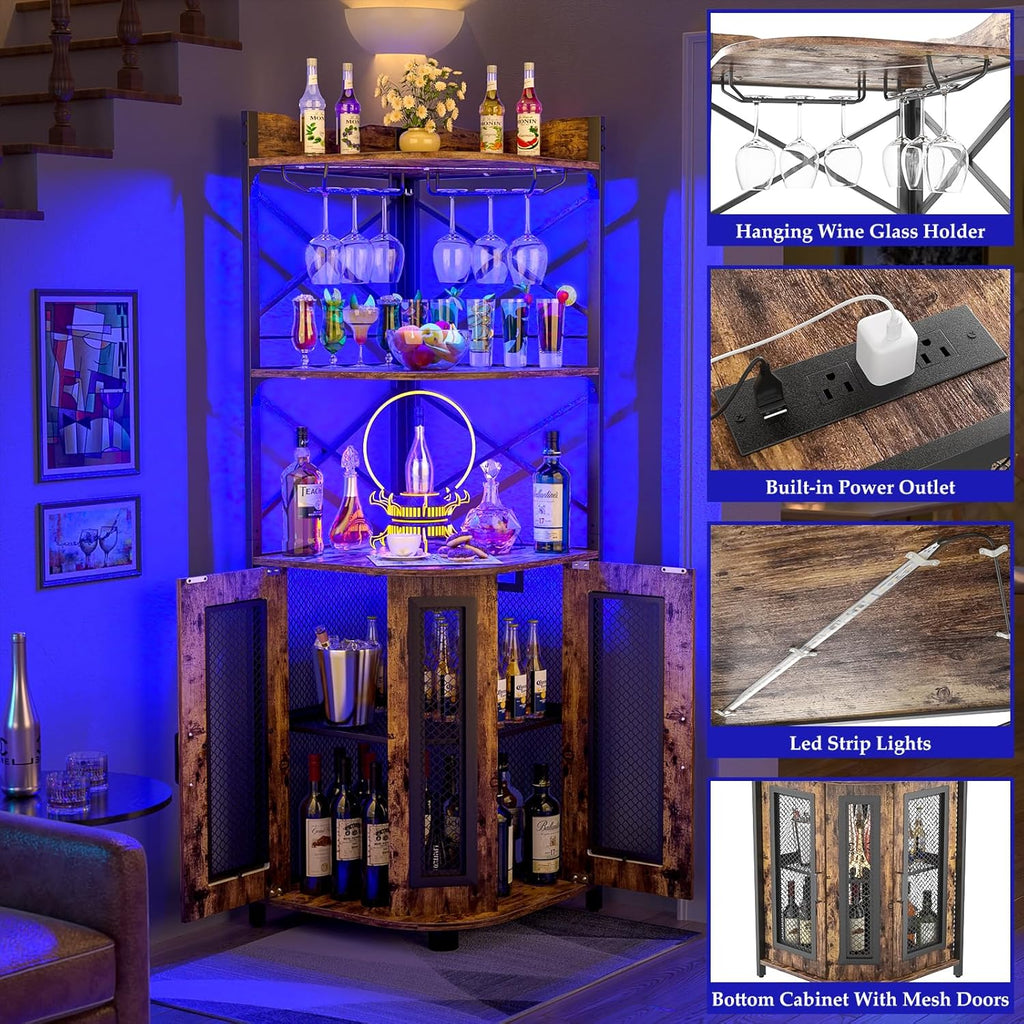 Aheaplus Corner Bar Cabinet with Power Outlet, Industrial Wine Cabinet with LED Strip and Glass Holder, 5-Tiers Liquor Cabinet Bar Unit for Home, Corner Display Cabinet for Small Space, White Oak