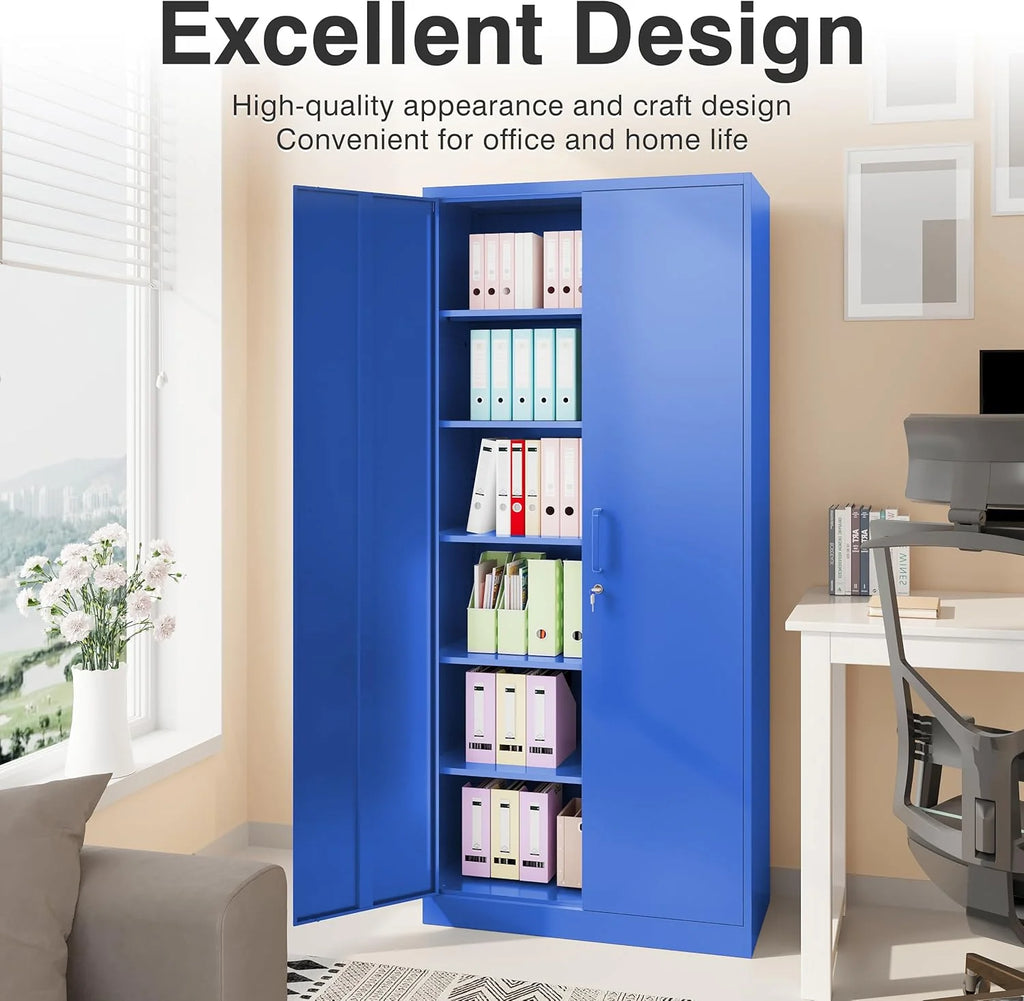 Metal Storage Cabinet with 2 Doors and 6 Shelves, Black Metal Cabinet with Lock, 71 Inch Lockable Garage Storage Cabinet